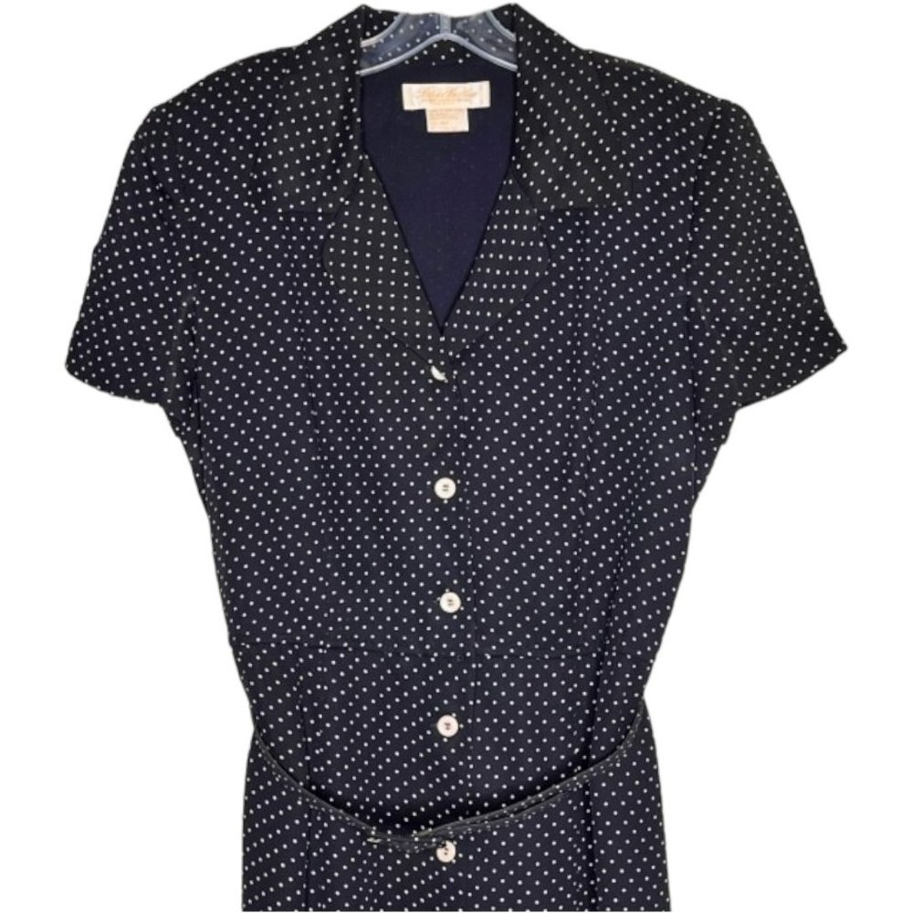 Brooks Brothers Dotted Belted Button Up Shirtwaist Dress - Navy/White - 14P - Picture 2 of 10